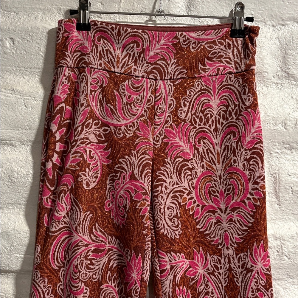 Anthropologie Maeve Pink Bronze Metallic Floral Paisley Wide Leg Flare Pants. - Picture 4 of 10
